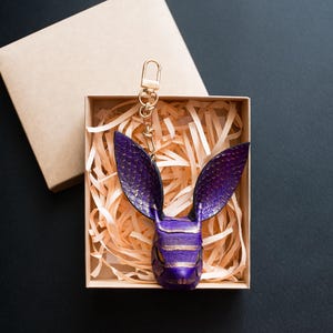 purple and gold Rabbit-shaped bag charm made of python leather with a suede finish, handmade snakeskin bag charm leather, bag charms