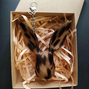 leopard-print Rabbit-shaped bag charm made of pony leather with a suede finish, handmade bag charm made of lambskin leather, bag charms image 4