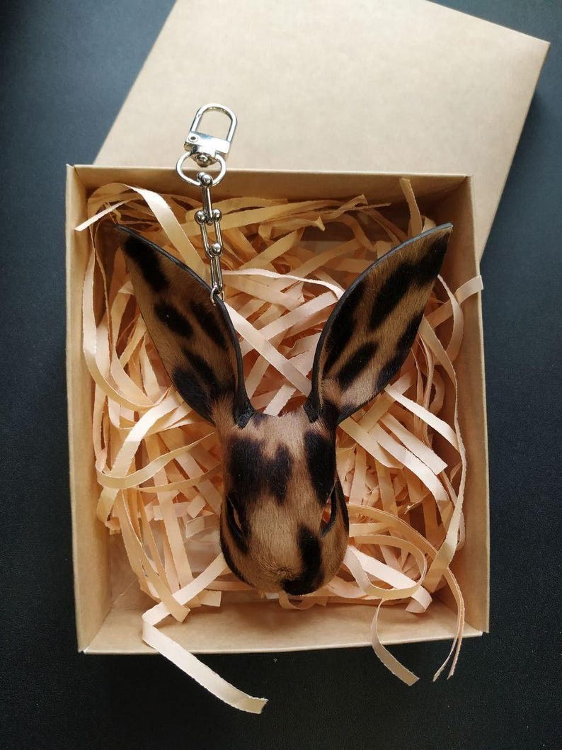 leopard-print Rabbit-shaped bag charm made of pony leather with a suede finish, handmade bag charm made of lambskin leather, bag charms image 4
