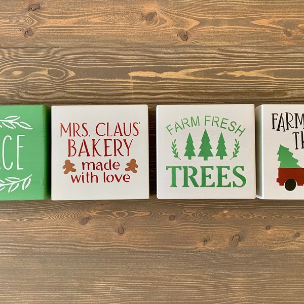 Christmas Signs, Christmas Tiered Tray Decor, Mini Christmas Signs, Peace Sign, Mrs. Claus Bakery Sign, Farm Fresh Trees Sign, Christmas