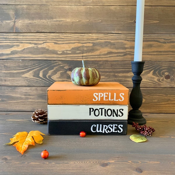 Spells Potions Curses Wood Book Stack, Halloween Wood Book Stack, Halloween Home Decor, Wood Book Stack, Wood Books, Witch Decor, Halloween