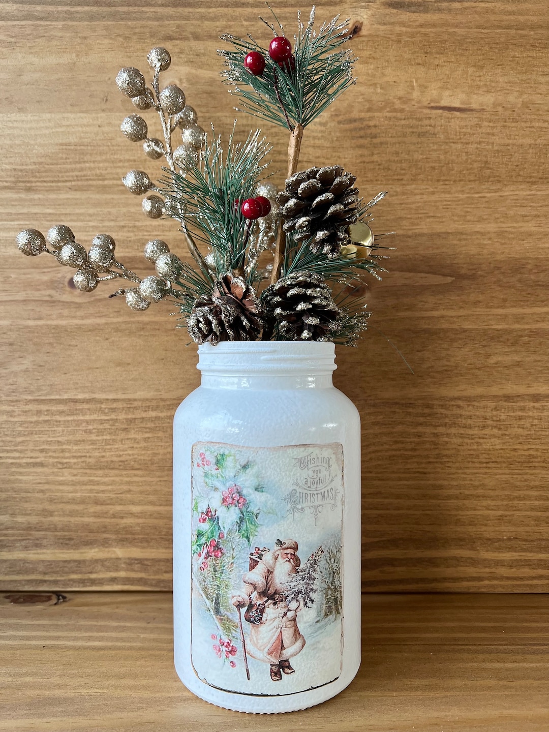 Christmas Decoupage Mason Jars, Christmas Decor, Christmas Centerpiece