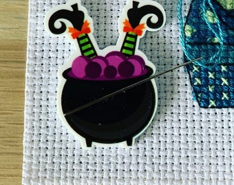 Halloween Witch In A Cauldron Needle Minder For Cross Stitch And Embroidery