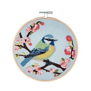 Peut inclure: Art de broderie en forme de cercle représentant un oiseau bleu perché sur une branche avec des fleurs roses. L'oiseau a une tête bleue, une poitrine jaune et un dos vert. Le cercle est en bois et a un fond bleu clair.