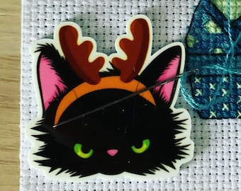 Christmas Cat Reindeer Needle Minder For Cross Stitch And Embroidery