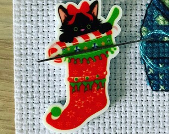 Cat In Christmas Stocking Needle Minder For Cross Stitch And Embroidery