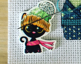 Cat With Hat Needle Minder For Cross Stitch And Embroidery