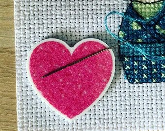 Pink Heart Needle Minder For Cross Stitch And Embroidery
