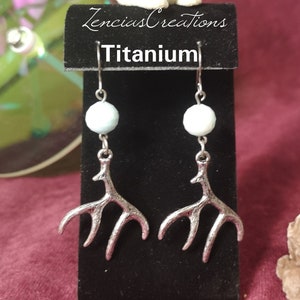 Titanium - Pastel Blue Glass Antler Dangle Earrings, Nature Titanium Dangle Earrings, Hypoallergenic Earrings for Sensitive Ears