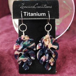 Titanium - Colorful Leaf Dangle Earrings, Leaves Titanium Dangle Earrings, Hypoallergenic Earrings for Sensitive Ears