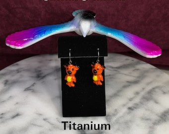 Orange Reindeer Earrings - Titanium Dangle Earrings - Titanium Earrings for Women - Hypoallergenic Christmas Earrings for Sensitive Ears