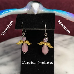 Titanium - Pink Angel Earrings, Titanium Dangle Earrings, Hypoallergenic Earrings for Sensitive Ears
