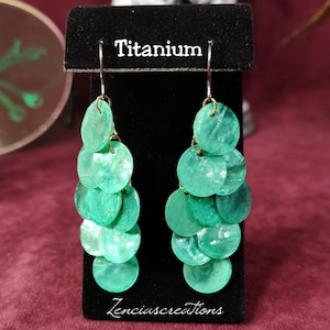 Titanium Green shell on  Dangle Earrings, Circle Titanium Dangle Earrings, Hypoallergenic Earrings for Sensitive Ears