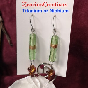 Titanium Green and Brown Glass - Titanium Earrings Hook, Titanium Earrings Dangle, Nickel Free, Hypoallergenic Earrings, Sensitive Ears
