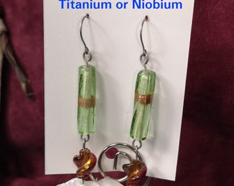 Green and Brown Glass - Titanium Earrings Hook, Titanium Earrings Dangle, Nickel Free, Hypoallergenic Earrings, Sensitive Ears