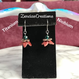 Titanium - Red Leather Flower with Green Jewel Stem - Titanium Dangle Earrings, Titanium Earrings, Hypoallergenic for Sensitive Ears