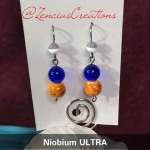 Niobium Earrings - Harvest Moon - Blue Glass and Orange Ceramic - Niobium Dangle Earrings, Hypoallergenic for Sensitive Ears, Earrings Hook