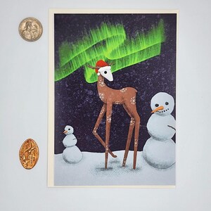 Cartão de felicitações de veado de Natal com floco de neve | Cartão de belas artes