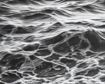 Original graphite pencil drawing of the Sea waves, hand drawn