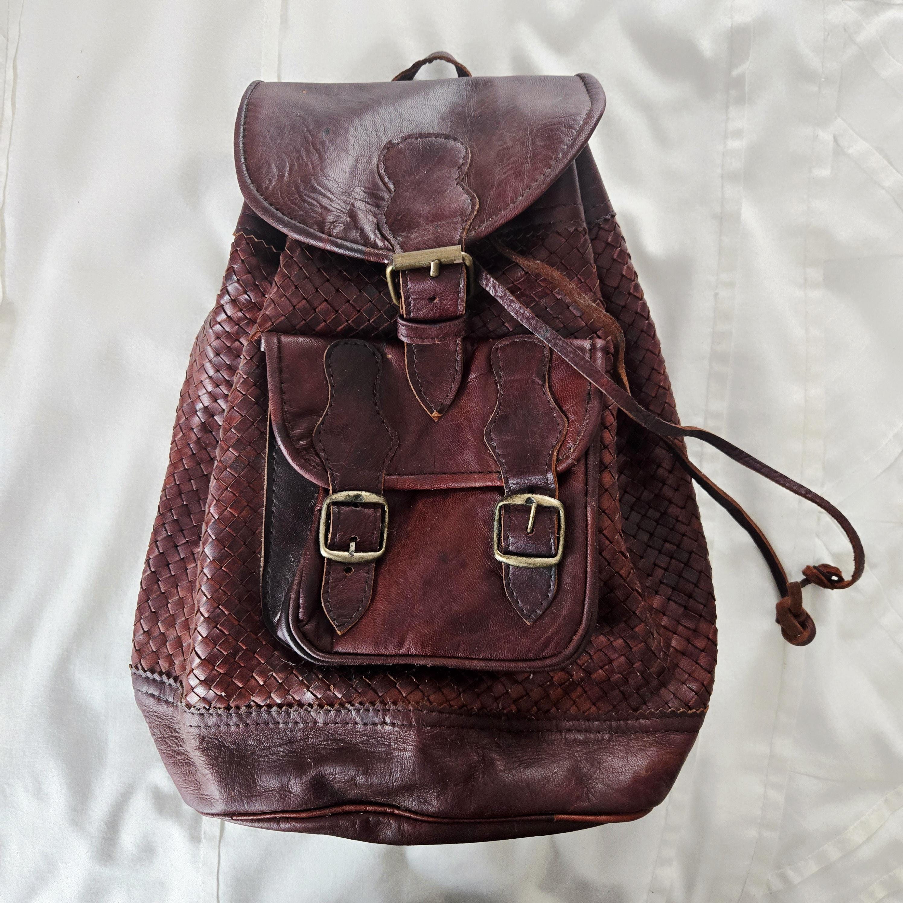 Vintage Burgundy Genuine Leather Small Woven Backpack Rock Valley Backpack – Old Trend main image 2