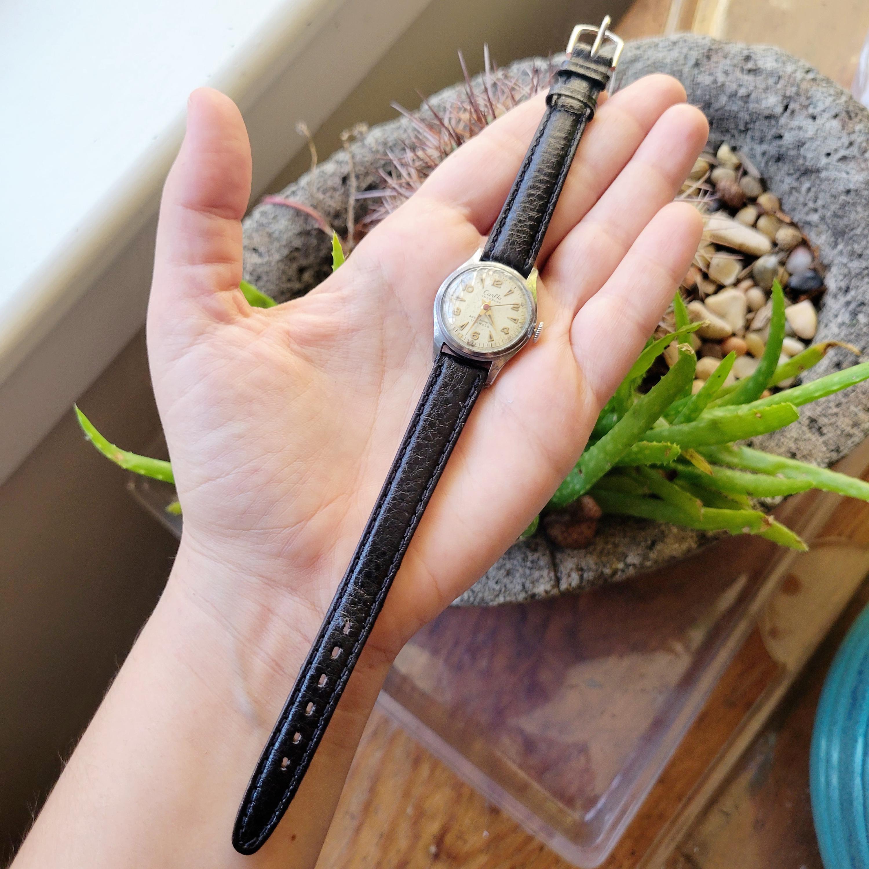 Vintage Carlto Incabloc Antimagnetic 17 Jewels Womens Womans Black Leather Watch Step into the timeless elegance of the 1960s with the  main image 3