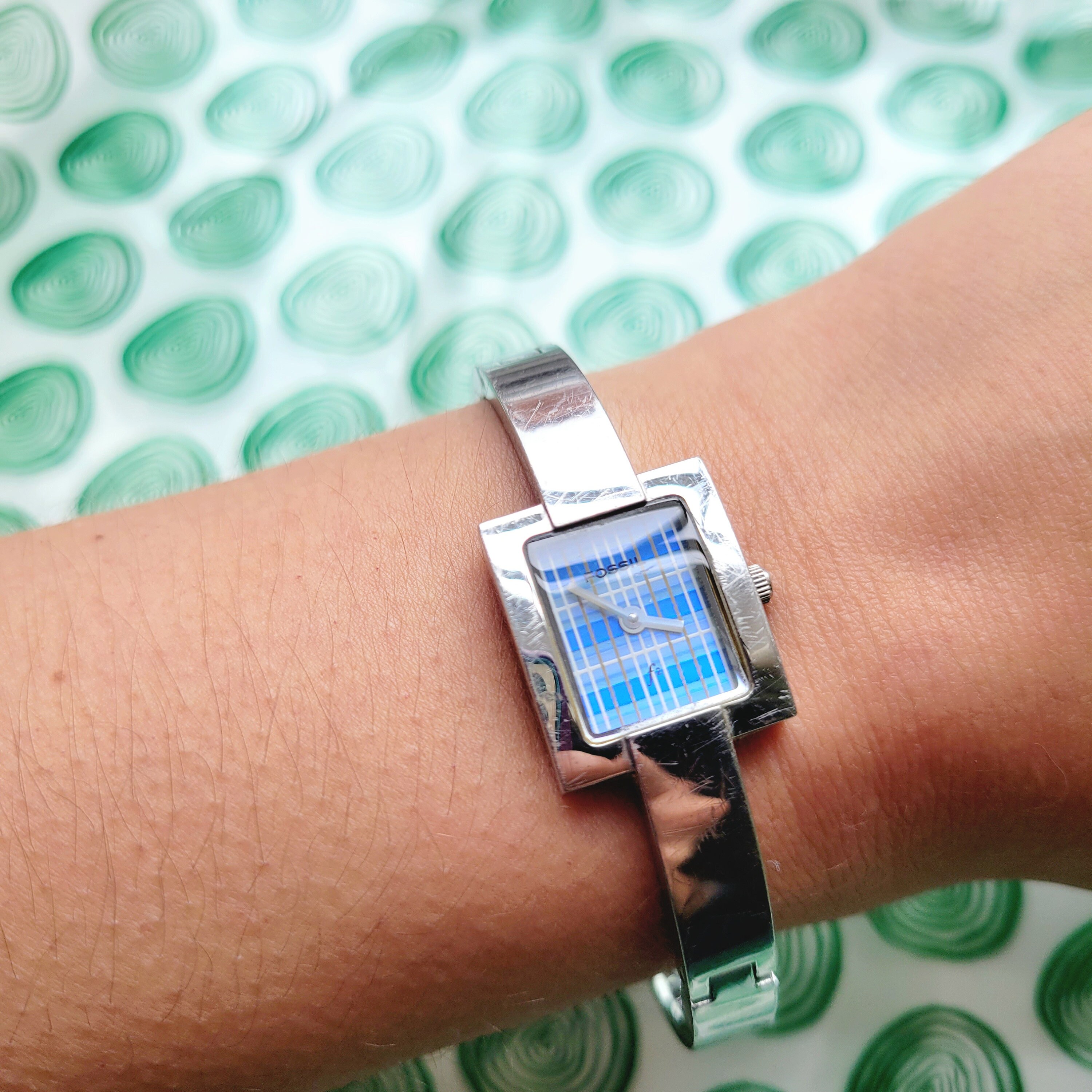 Fossil F2 Blue Plaid Silver Dainty Watch Fossil F2 ES-9596 Ladies Silver Watch with Blue Face... | Depop main image 4