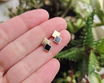 Vintage 9ct Gold & Black Enamel 375 Dainty Geometric Studs Stud Earrings