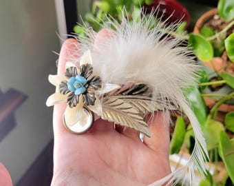 ANTIQUE Hdmd RIBBON-WORK Hat Flower Necklace Pin Vintage Pin Brooch Hat With Flowers Ribbon and Feather Blue  main image 2
