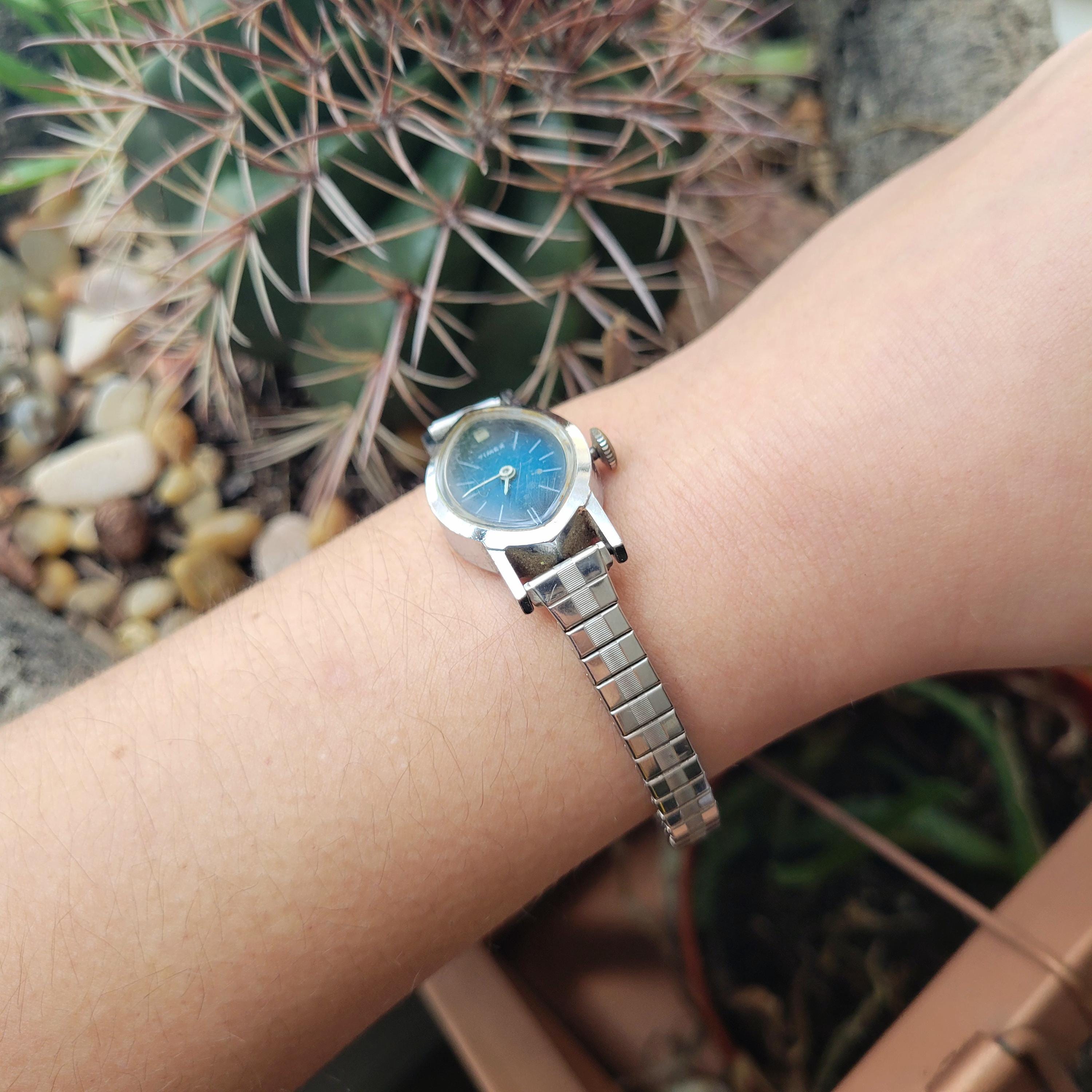 Vintage Timex Marquise Dainty Silver & Navy Blue Classic 