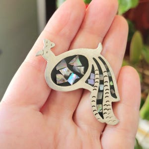 Vintage Inlaid Abalone Mother of Pearl Mexican Alpaca Peacock Brooch Pin