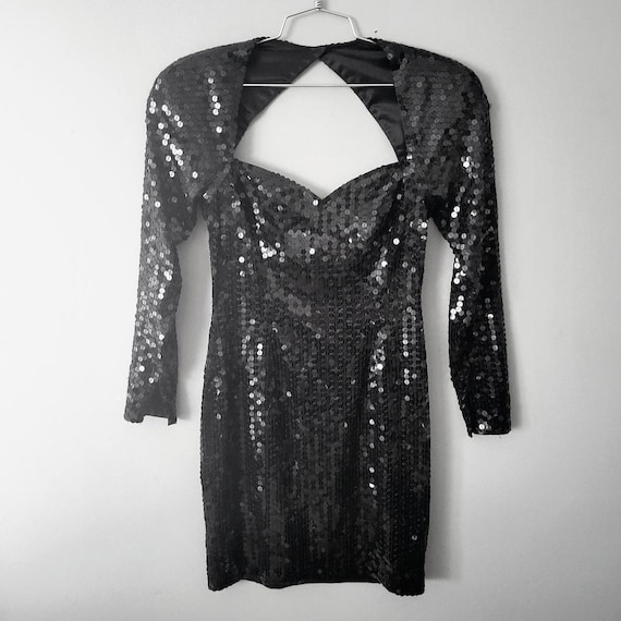 Vintage 1980s Cach Black Sequin Cocktail Long Sleeve Mini Dress With Shoulder  Pads, Size 6 - Etsy