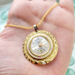 Vintage Swiss Fero Feldmann 17 Jewels Gold Floral Watch Necklace