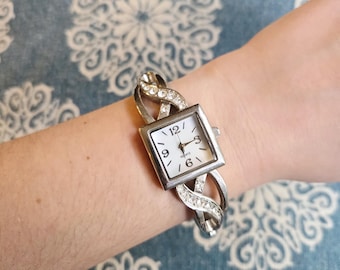 Vintage Classic Silver Square Rhinestone Quartz Watch - Etsy  display picture 2