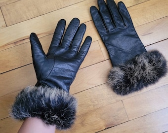 Vintage Genuine Leather Black Women's Fur Pritzi Gloves