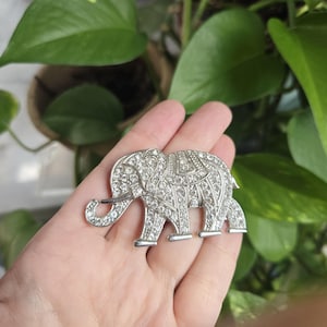 Vintage Silver Rhinestone Elephant Label Brooch Pin