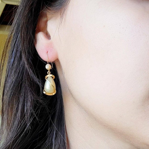 Vintage Gold Spiral Faux Pearl Hook Earrings - image 1