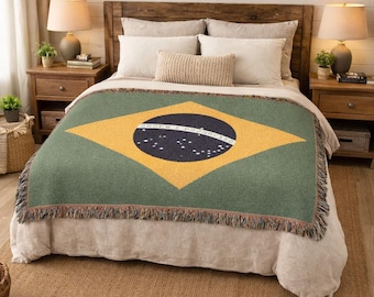 Vintage Style Brazilian Flag Woven Throw Blanket | Brasil Pride Brasilian Brazil Farmhouse Nationality Country Heritage Heirloom Tapestry