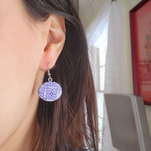 Handmade Ornate Navy Blue & White Mosaic Style Floral Dangle Drop Earrings
