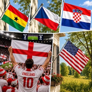 May include: A collage of national flags including Ghana, Czech Republic, Croatia, and the United States, alongside a sports fan in an England jersey holding an England flag in a stadium with a scoreboard showing England 2 and Scotland 0.
