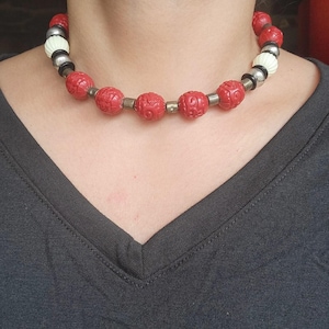 Vintage Chinese Characters Cinnabar Beaded Necklace