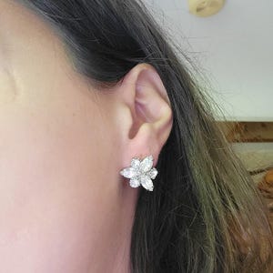Vintage Silver Rhinestone Flower Clip-On Earrings