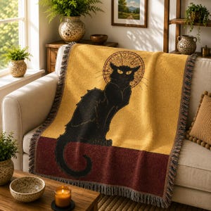 Vintage Style Bohemian Cat Tapestry Throw Woven Blanket | Art Deco Animal Pattern Boho Throw Country Farmhouse Crazy Cat Lover Home Tapestry