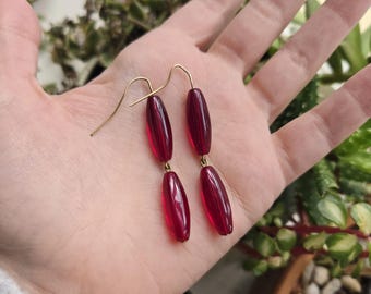 Vintage Pair of Red Bead Dangle Drop Hook Earrings