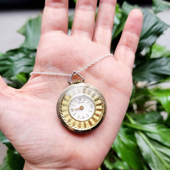 Vintage gold tone working Wind up Lucerne Swiss Pendant Watch Necklace 24  inch | #1788193817