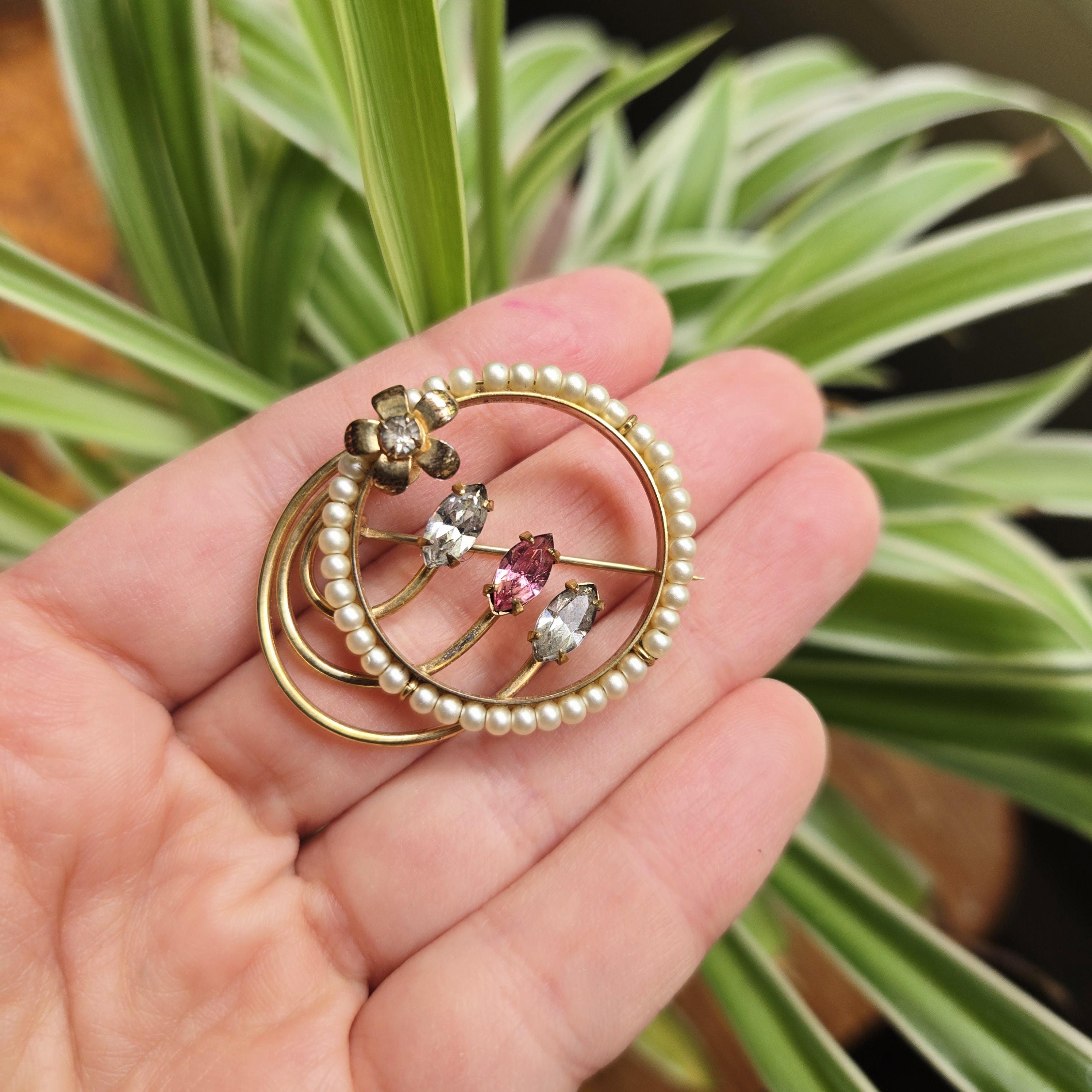 Vintage 1/20 12K Gold Filled Pearl Rhinestone Floral Circle Brooch - Mid-Century Pink & Clear Rhinestone Pin Elegant Estate Jewelry