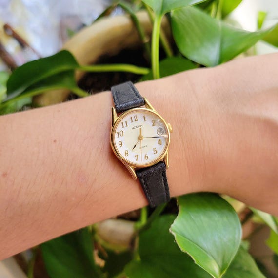 Vintage Acqua Quartz Black & Gold Leather Watch - Etsy display picture 2