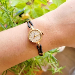 Vintage Swiss Bucherer 17 Jewels Automatic Gold & Black Womens Womans Dainty Cord Watch