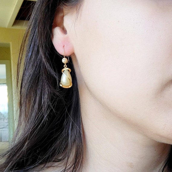 Vintage Gold Spiral Faux Pearl Hook Earrings - image 2