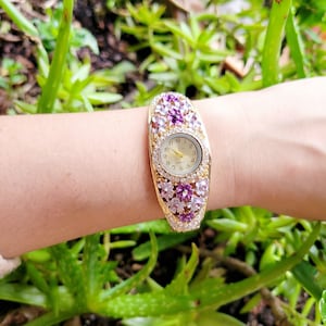 Ornate Floral Rhinestone Gold & Purple Watch