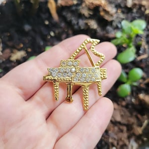 Vintage Gold Rhinestone Piano Lapel Brooch Pin